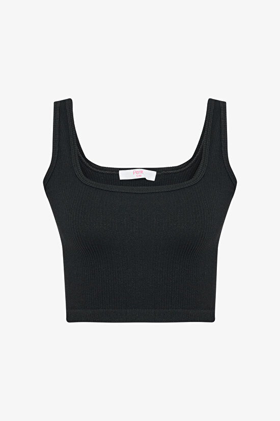 Siyah Dikişsiz Kare Yaka Kısa Crop Seamless Atlet - 7