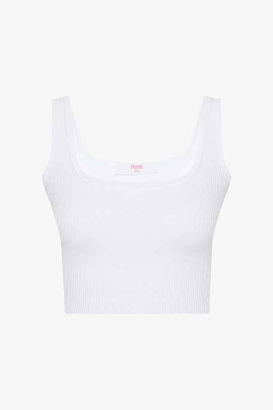 Beyaz Dikişsiz Seamless Kare Yaka Kısa Crop Atlet - 5