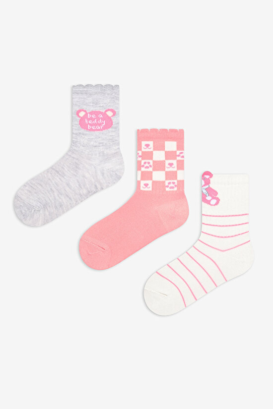 Girls Pink Bear 3in1 Multi Colour Tennis Socket Socks - 1