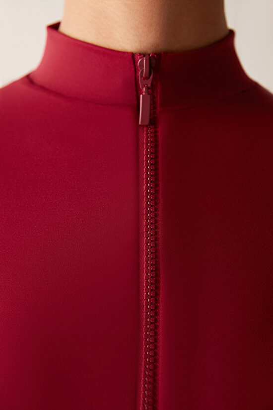 Burgundy Long Sleeves Straight Neck Zipper Rodos Crop Top-Saude Collection - 5