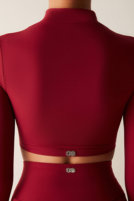 Burgundy Long Sleeves Straight Neck Zipper Rodos Crop Top-Saude Collection - 7
