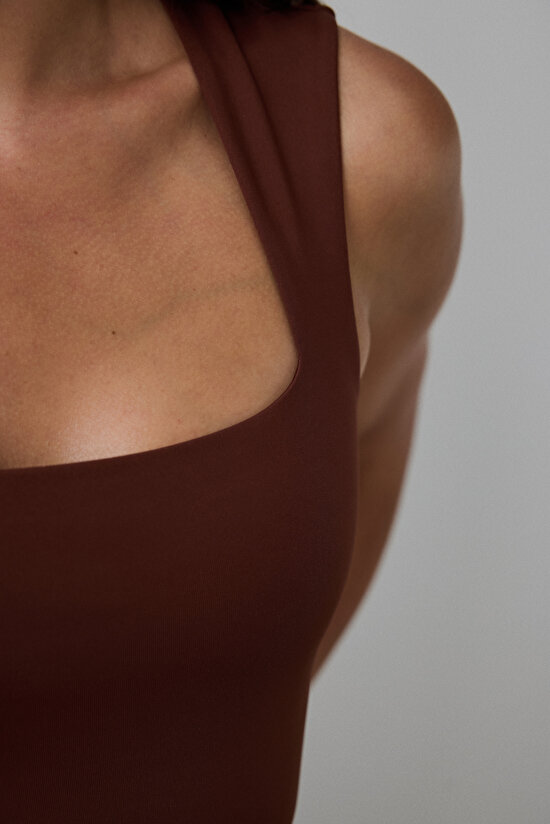 Cappuccino Square Neck Thick Strappy Slim Fit Bodysuit - 4