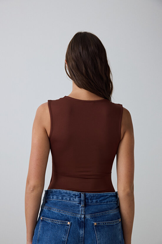 Cappuccino Square Neck Thick Strappy Slim Fit Bodysuit - 5