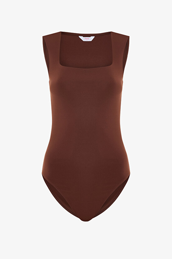 Cappuccino Square Neck Thick Strappy Slim Fit Bodysuit - 7