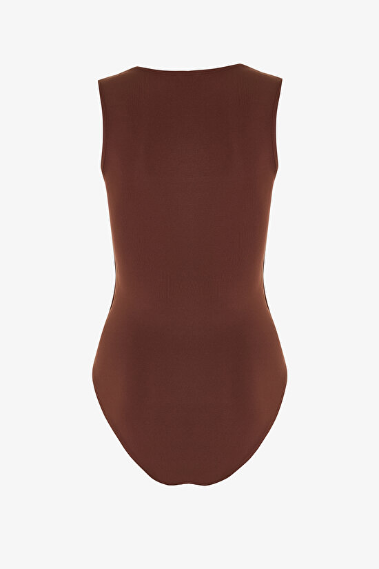 Cappuccino Square Neck Thick Strappy Slim Fit Bodysuit - 8