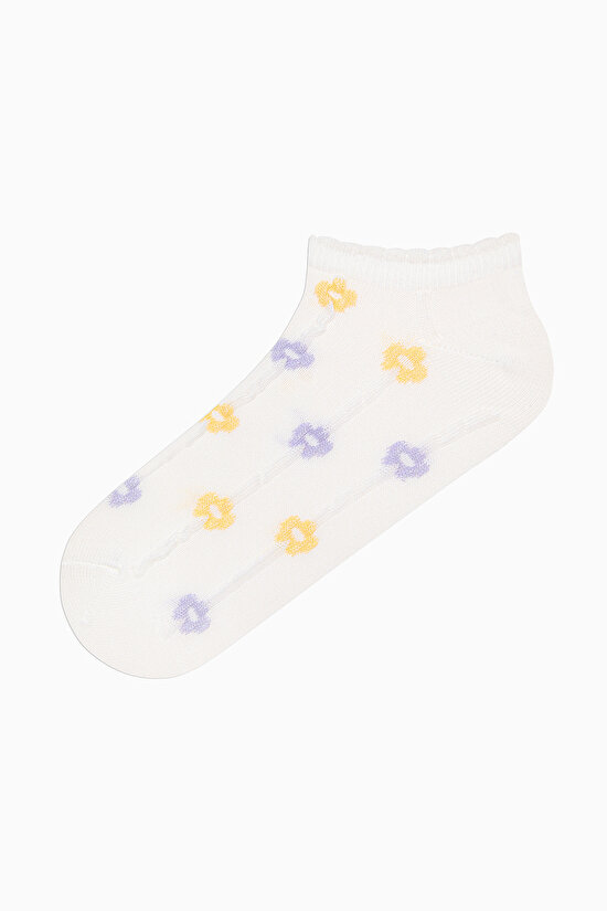 3 Çift Pamuklu Kendinden Desenli Çiçekli Ve Fırfırlı Patik Çorap - 3