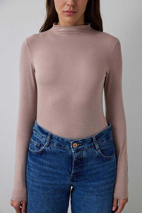 Beige Half Turtleneck Slim Fit Long Sleeve Knitwear Top - 3