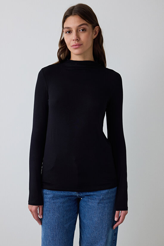 Black Half Turtleneck Slim Fit Long Sleeve Sweater - 6