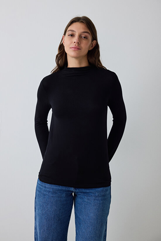 Black Half Turtleneck Slim Fit Long Sleeve Sweater - 7