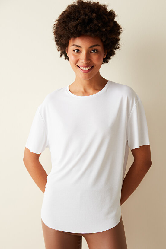 Beyaz Bisiklet Yaka Loose Fit Modal T-Shirt - 1