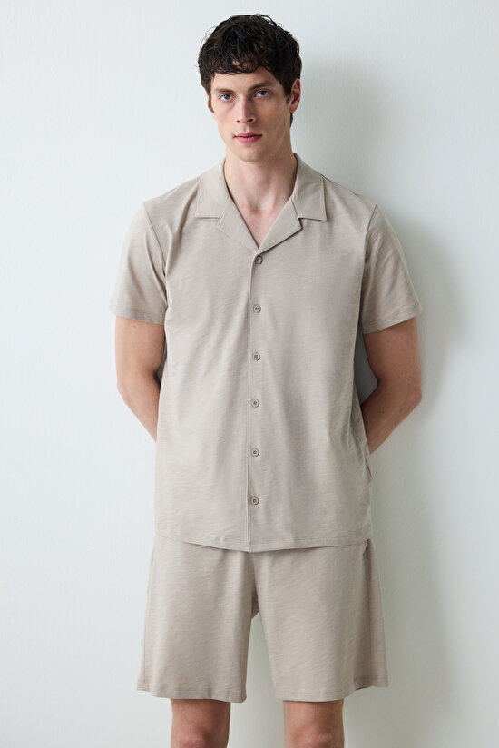 Erkek Basic Beige Şortlu Pijama Takımı - 3