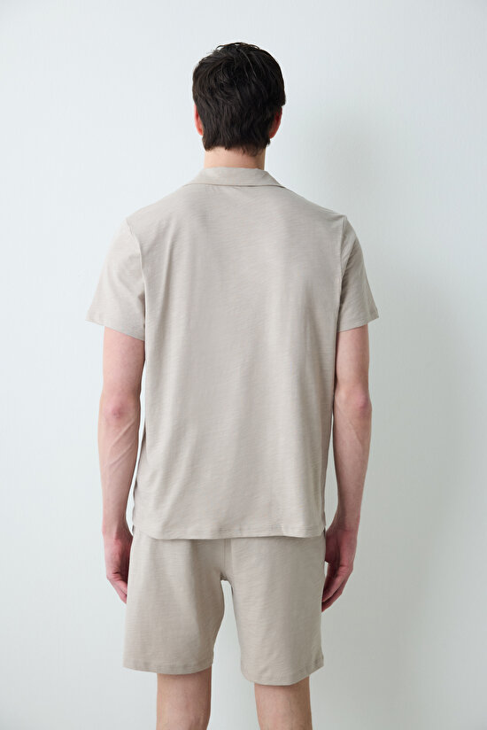 Erkek Basic Beige Şortlu Pijama Takımı - 5