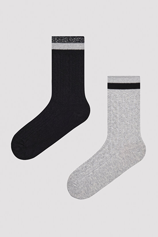 Jacquard Shiny Line Siyah-Gri 2li Soket Çorap - 1