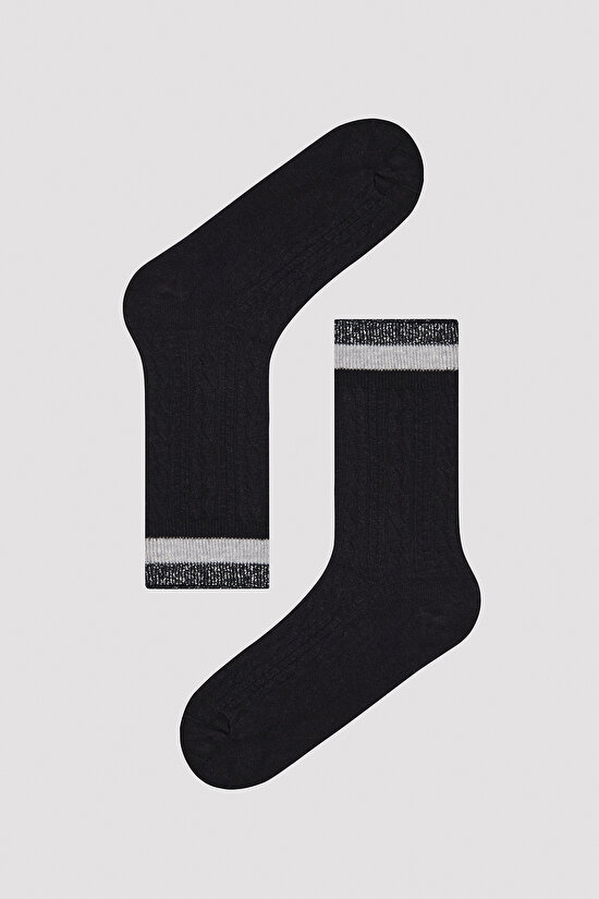 Jacquard Shiny Line Siyah-Gri 2li Soket Çorap - 2