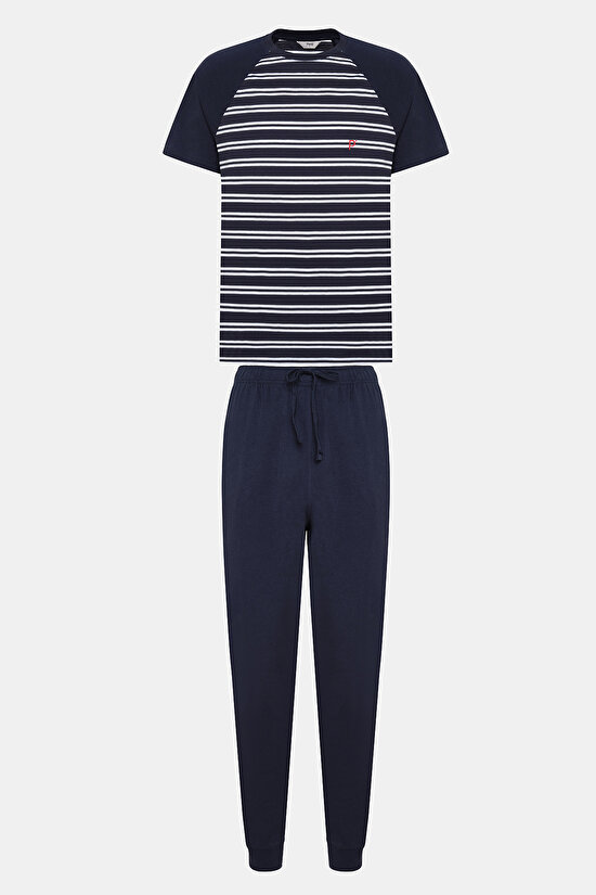 Erkek Navy Stripe Çok Renkli Pijama Takımı - 1