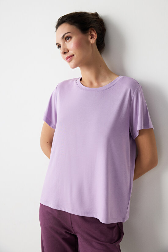 Lila Bisiklet Yaka Regular Fit Modal Tişört - 3