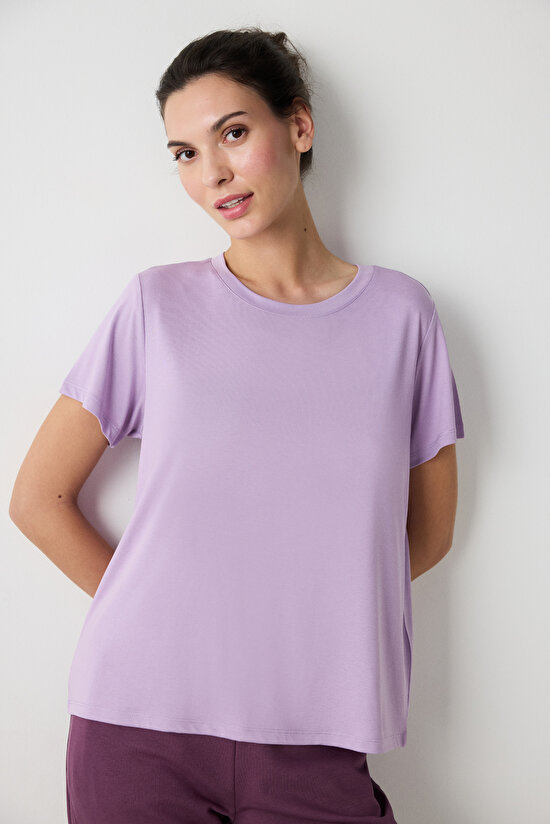 Lila Bisiklet Yaka Regular Fit Modal Tişört - 4