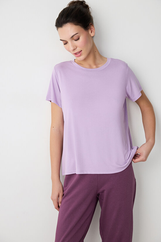Lila Bisiklet Yaka Regular Fit Modal Tişört - 5