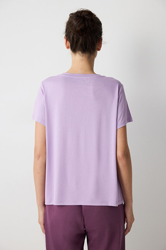 Lila Bisiklet Yaka Regular Fit Modal Tişört - 6