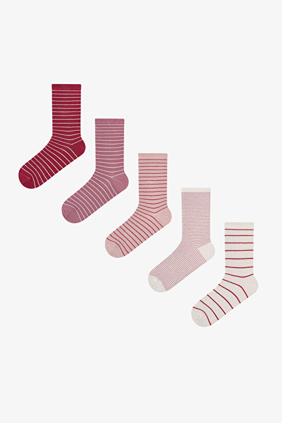 Pembe Bordo Fine Lines Çizgili 5 Çift Soket Çorap - 1