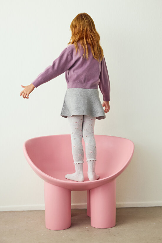 Açık Gri Kız Çocuk Fırfırlı Çiçekli 100 Denye Pamuklu Külotlu Çorap - 3