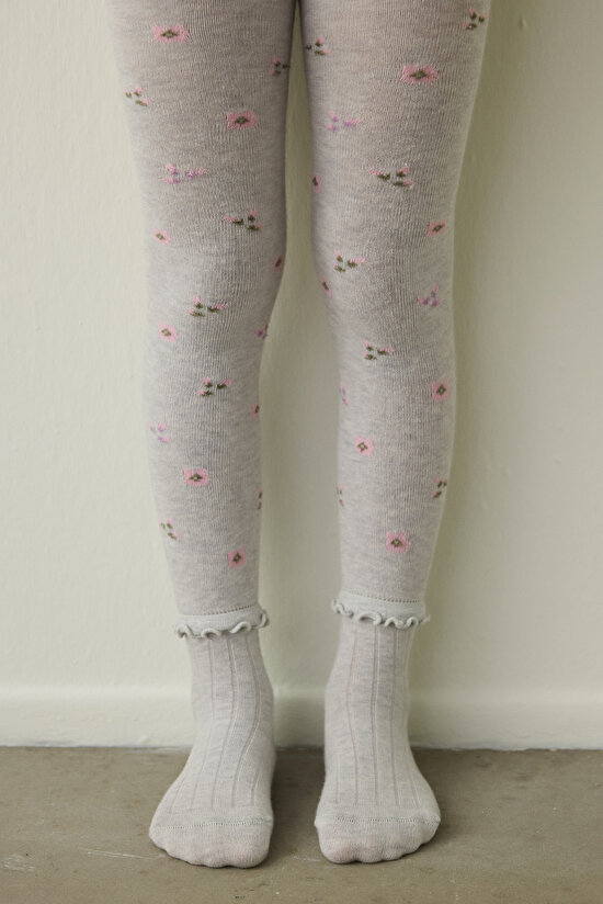 Açık Gri Kız Çocuk Fırfırlı Çiçekli 100 Denye Pamuklu Külotlu Çorap - 4