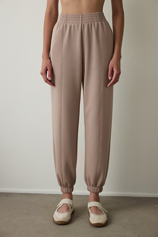 Bej Yüksek Bel Dikiş Detaylı Modal Jogger - 3