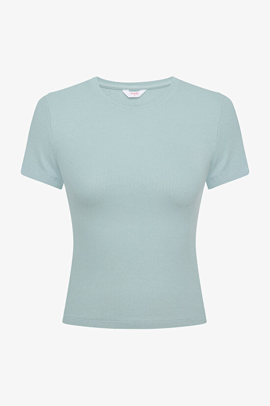 Açık Yeşil Bisiklet Yaka Slim Fit Tişört - 5