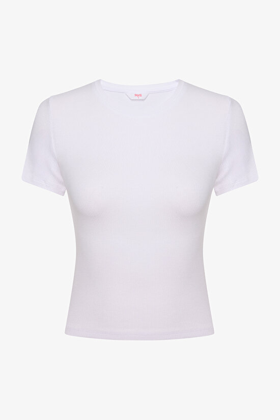 Beyaz Bisiklet Yaka Slim Fit Tişört - 6