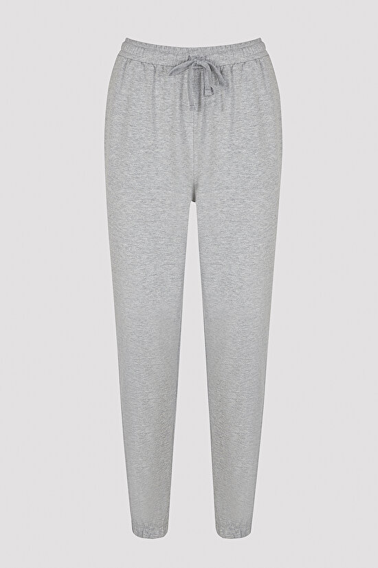 Şerit Detaylı Uzun Kollu Pantolon Gri Pijama Takımı - 3