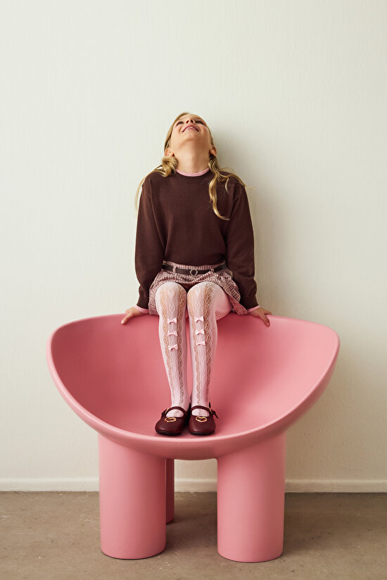 Pembe Kız Çocuk Kurdela Desenli Fiyonklu File Külotlu Çorap - 4