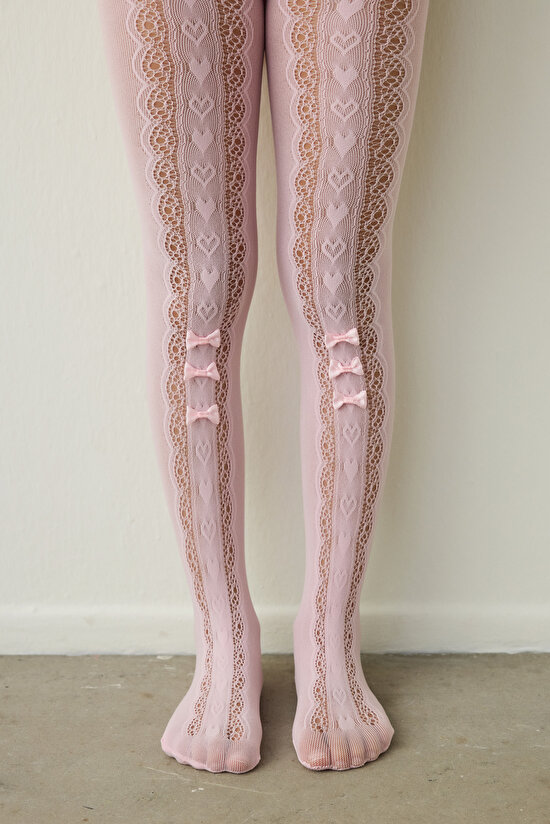 Pembe Kız Çocuk Kurdela Desenli Fiyonklu File Külotlu Çorap - 5