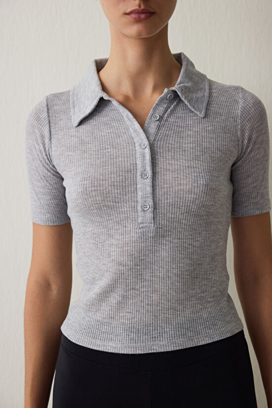 Grey Melange Polo Neck Short Sleeve Slim Fit T-Shirt - 4
