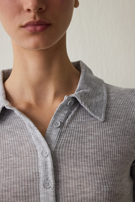 Grey Melange Polo Neck Short Sleeve Slim Fit T-Shirt - 5