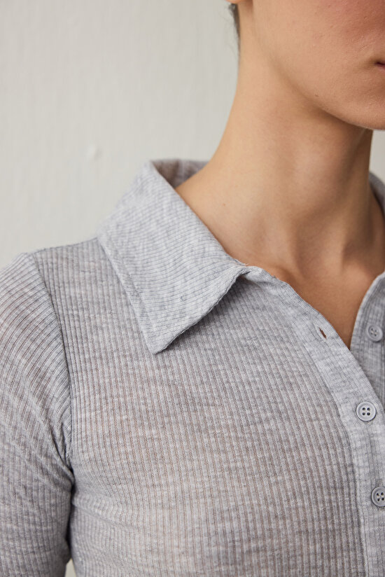 Grey Melange Polo Neck Short Sleeve Slim Fit T-Shirt - 6