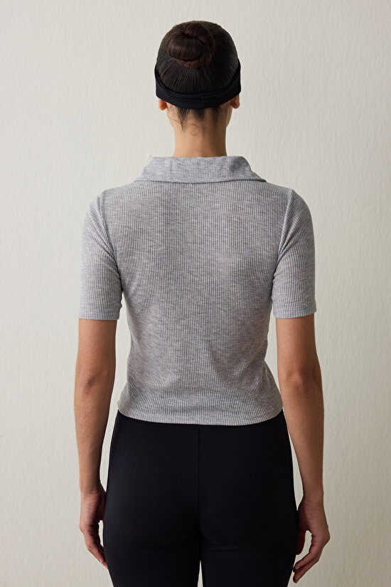 Grey Melange Polo Neck Short Sleeve Slim Fit T-Shirt - 8