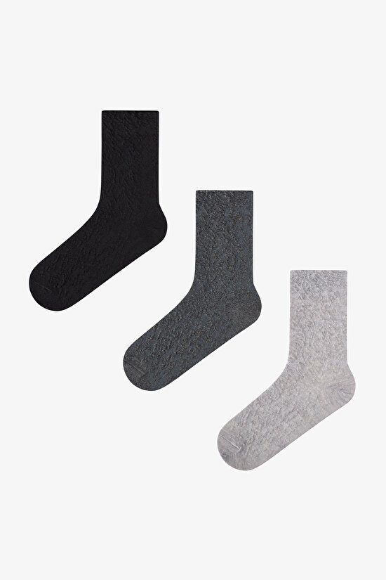 Light Grey Black Elegance Texture Cotton Jacquard 3 Pack Ankle Socks - 1