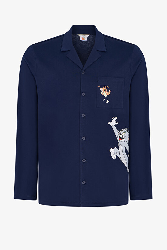 Erkek Lacivert Tom&jerry Uzun Kollu Gömlek Pantolon Pijama Takımı - 2