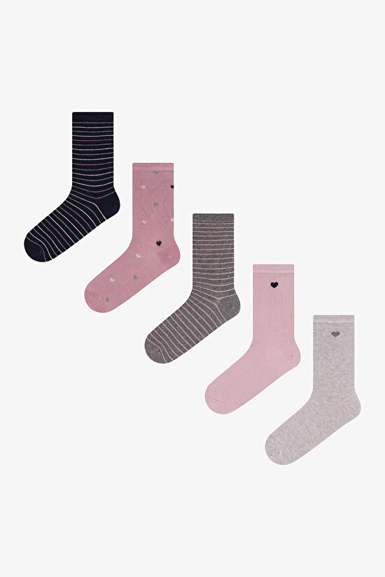 Gri Pembe Soft Hearts Pamuklu 5 Çift Soket Çorap - 1