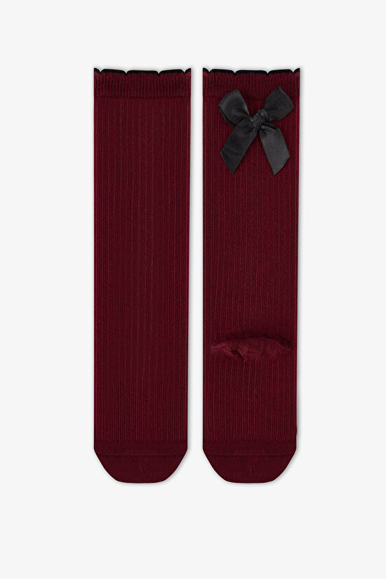 Kız Çocuk Bordo Preppy Sweetie Fiyonk Desenli Pamuklu Pantolon Çorap - 1