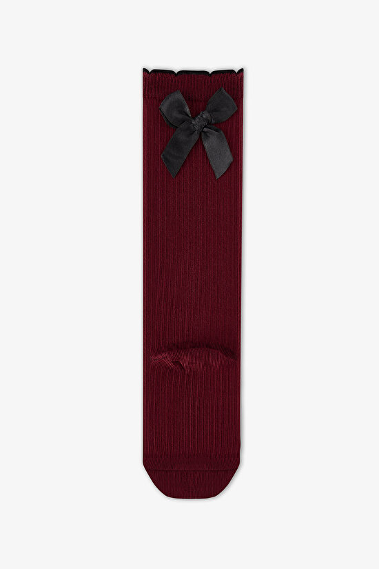 Kız Çocuk Bordo Preppy Sweetie Fiyonk Desenli Pamuklu Pantolon Çorap - 3