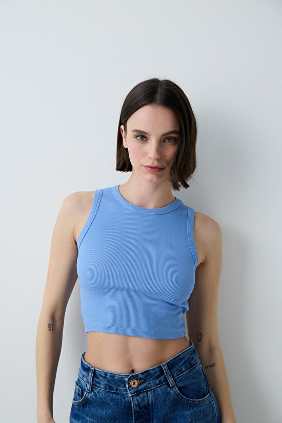 Mavi Halter Yaka Fitilli Crop Atlet - 1