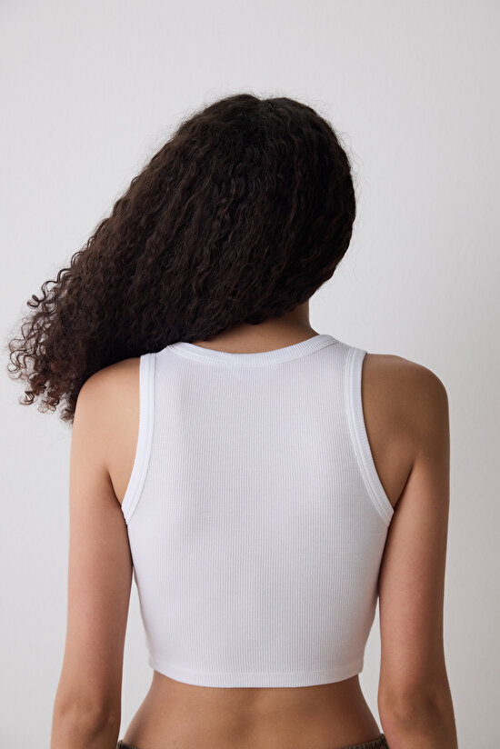 Beyaz Halter Yaka Fitilli Crop Atlet - 4