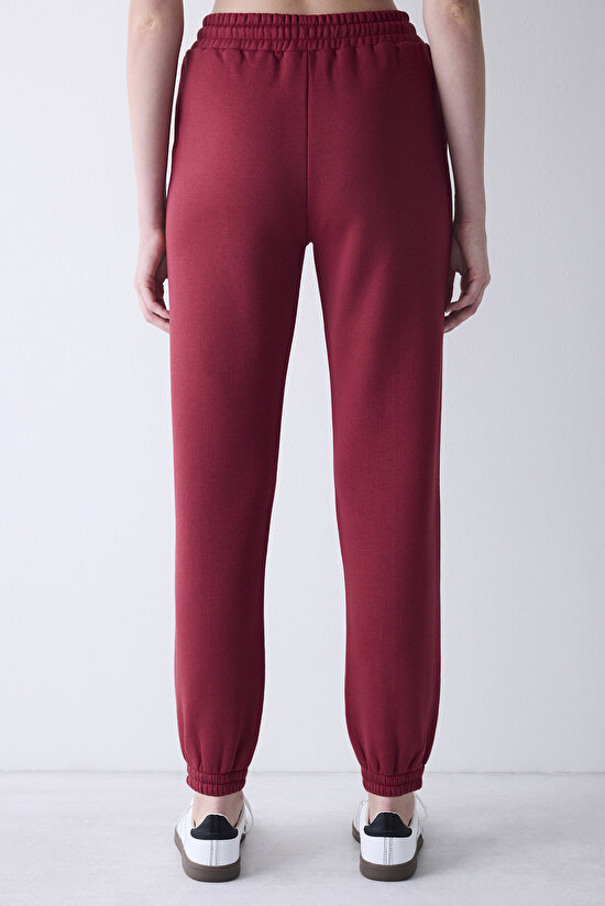 Bordo Yüksek Bel  Şardonlu Eşofman Altı - 3