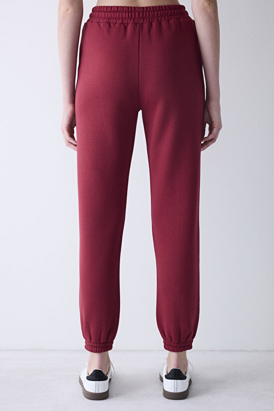 Bordo Yüksek Bel  Şardonlu Eşofman Altı - 4