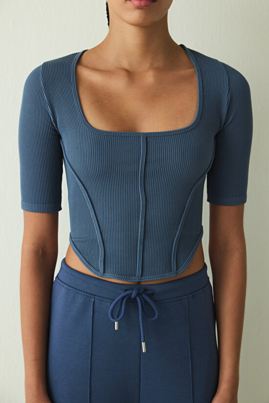 Indigo Square Neck Seamless Short Sleeve Crop Top - 3