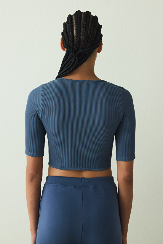 Indigo Square Neck Seamless Short Sleeve Crop Top - 7