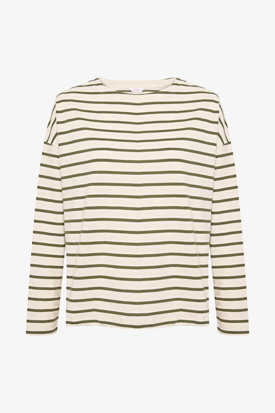 Beyaz Yeşil Çizgili Uzun Kollu Üst - 6