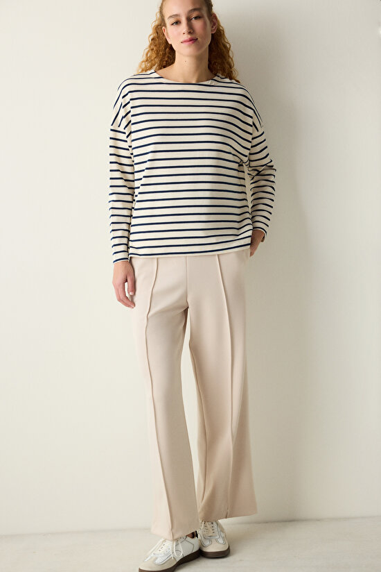 Beyaz Lacivert Çizgili Uzun Kollu Üst - 3