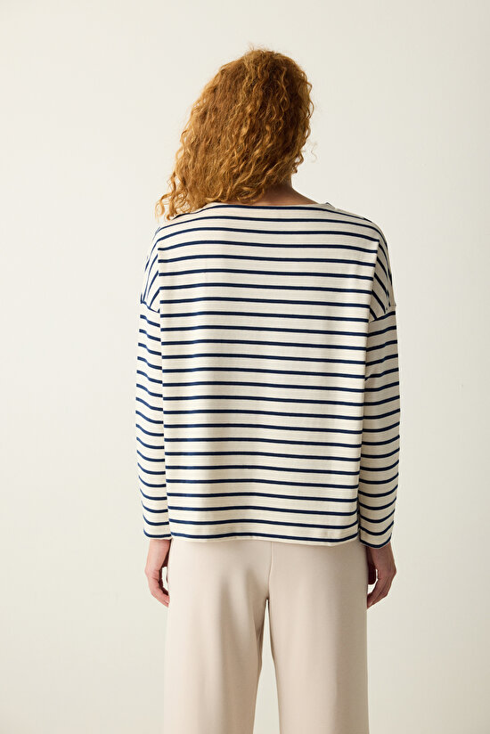 Beyaz Lacivert Çizgili Uzun Kollu Üst - 6